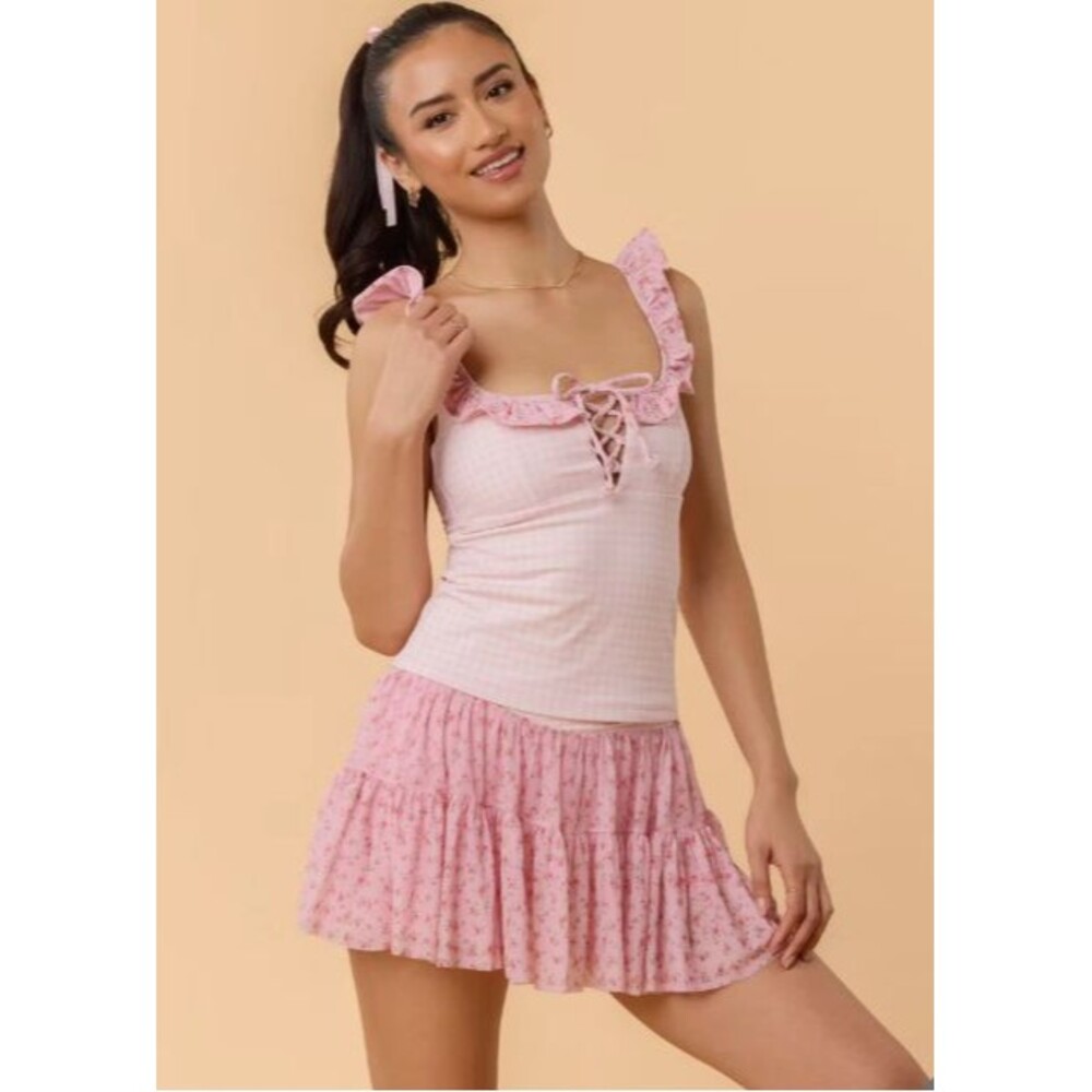 Blogilates Women's Ruffle Lace Up Tank Top - Pink Gingham XS NWT